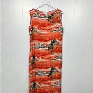 Dressing Clio Womens Maxi Dress L Orange Green Sleeveless Pullover Palm Tree EUC